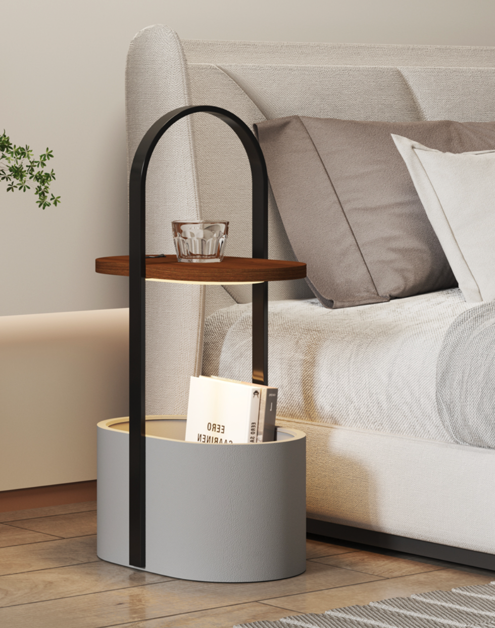  Bedside table with lighting and bucket 