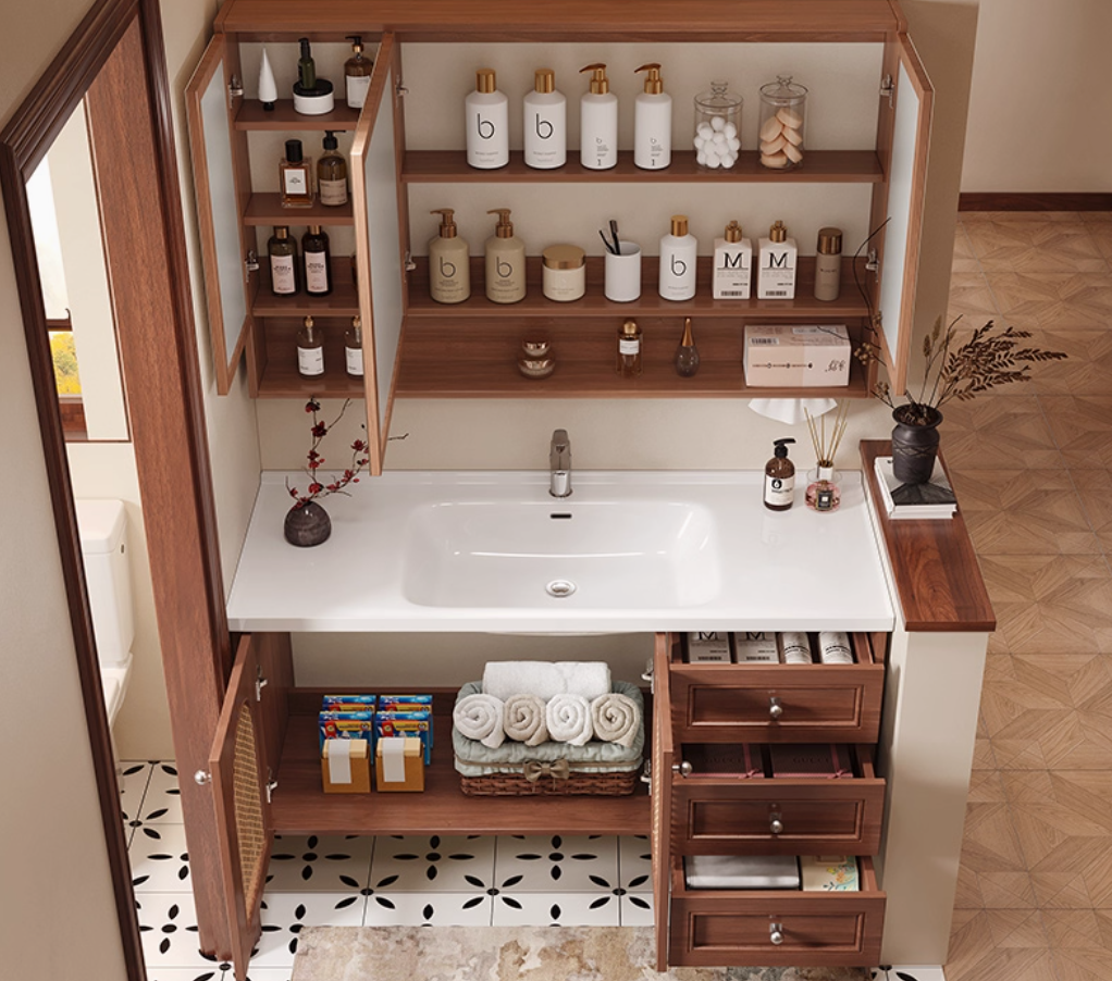  Wooden bathroom cabinet with storage mirror 
