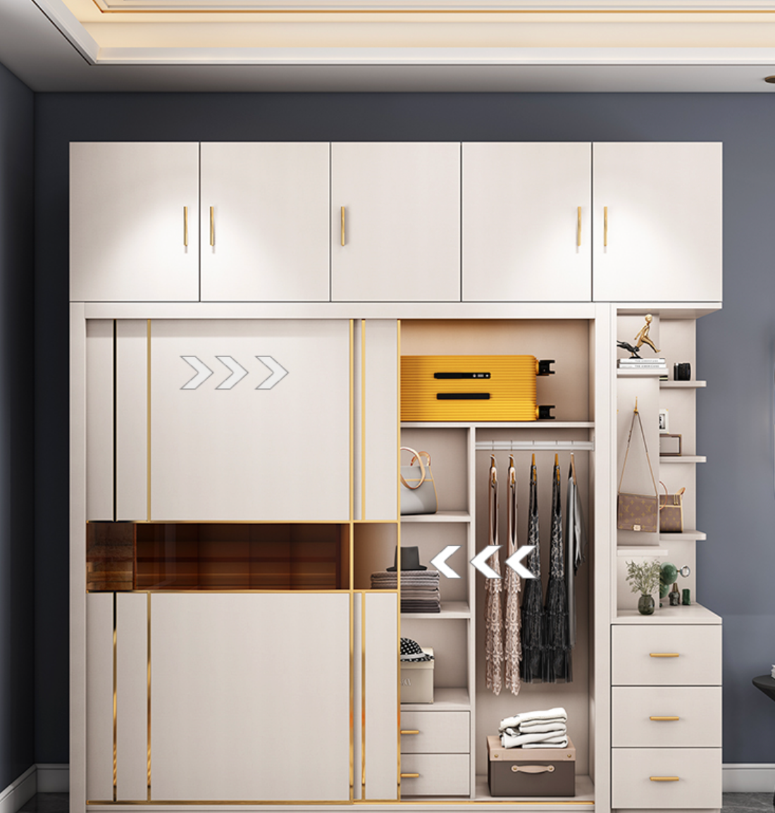  غرفة نوم كلاسيك خشب زان مع دولاب ملابس كبير مذهب - KS-Furniture 