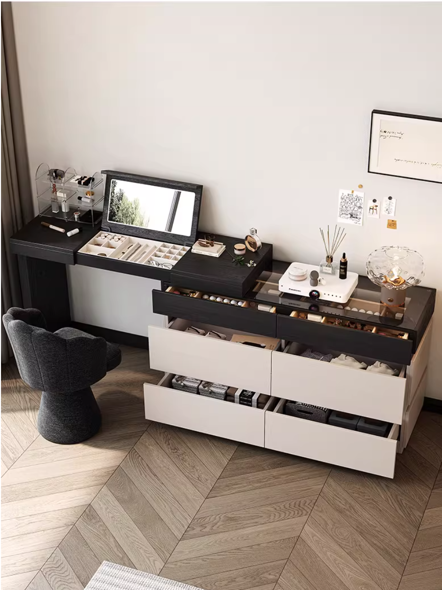  Decorative table with integrated cabinet and foldable mirror 
