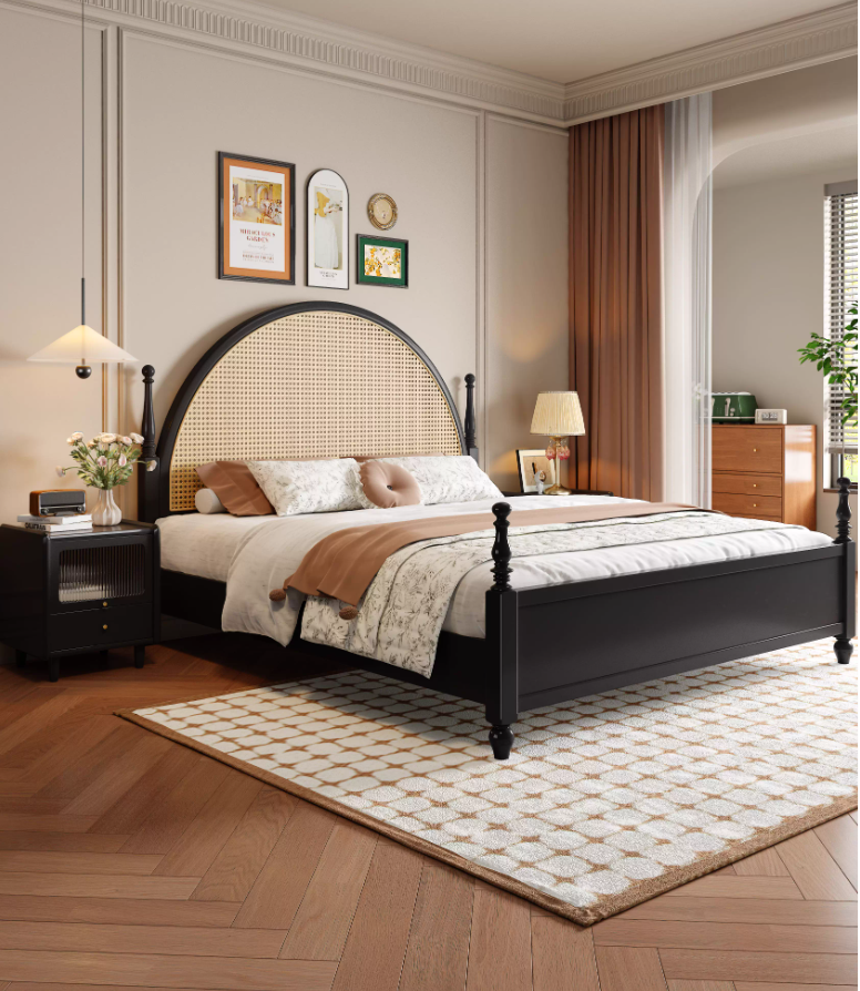  Wooden bed with rattan fabric 