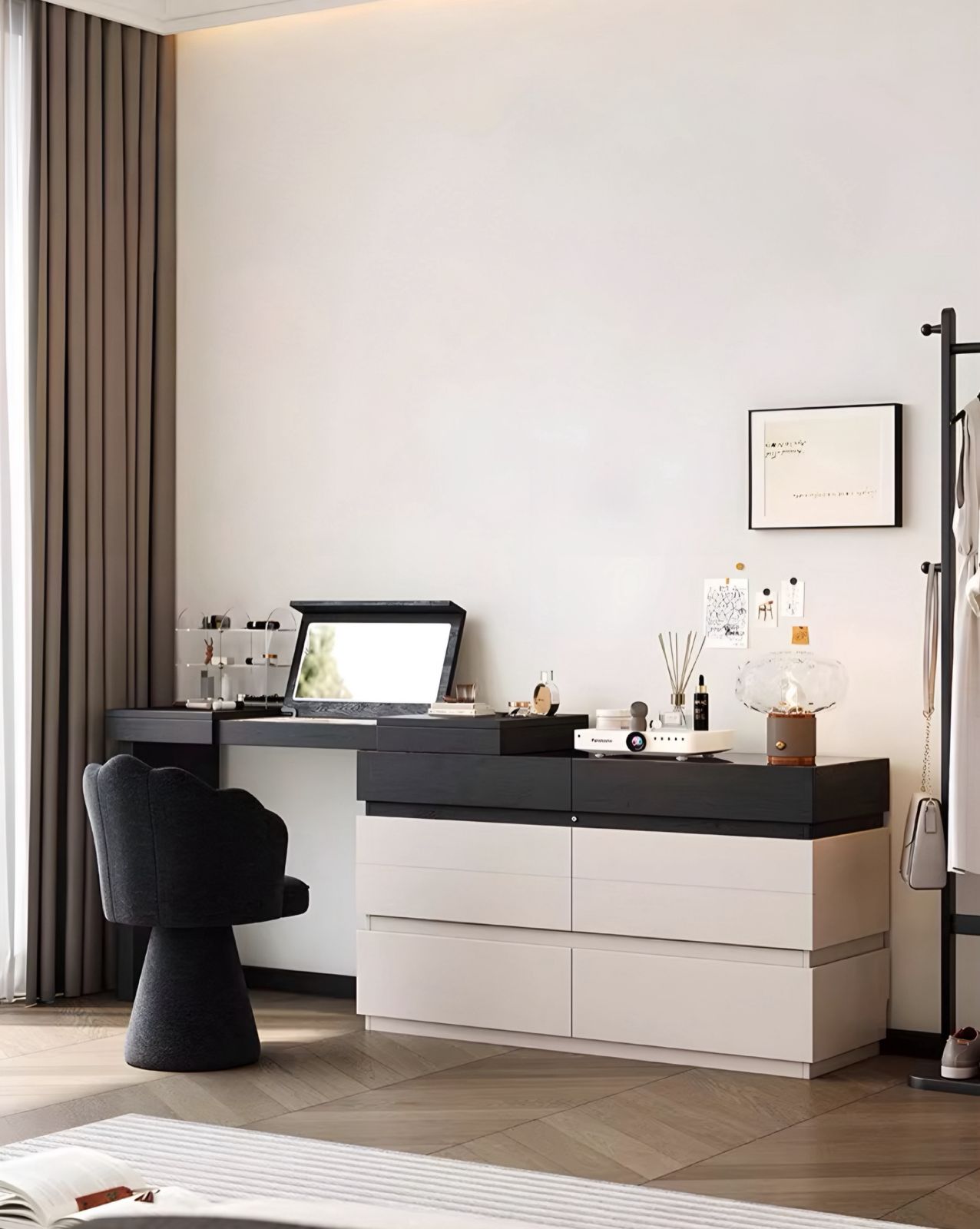  Decorative table with integrated cabinet and foldable mirror 
