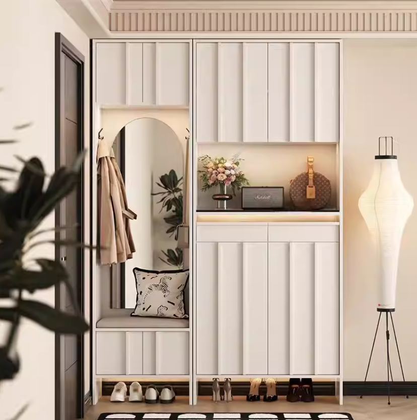  Wooden shoe cabinet for the entryway with mirror and bench 