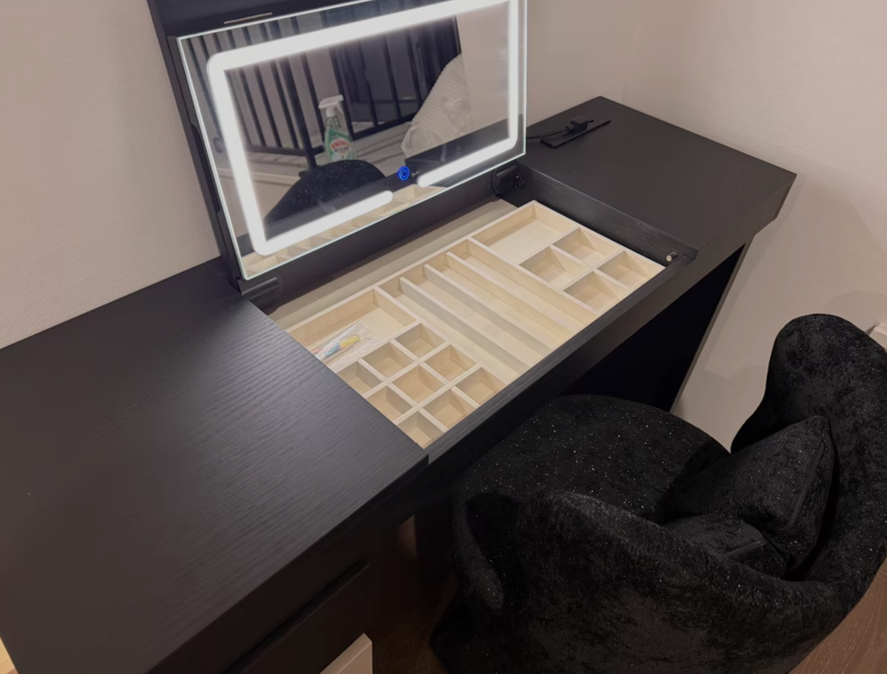  Decorative table with integrated cabinet and foldable mirror 