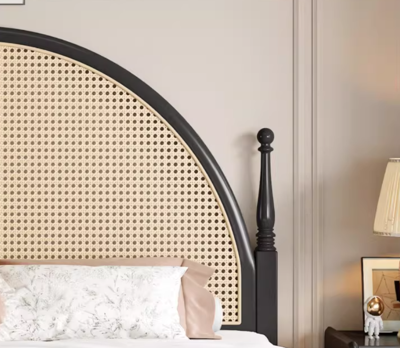  Wooden bed with rattan fabric 