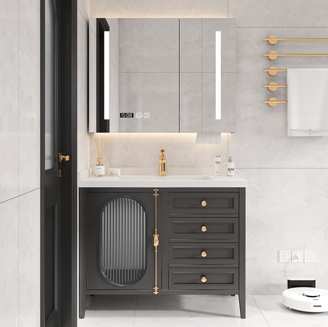  Wooden washbasin with smart mirror in cabinet 