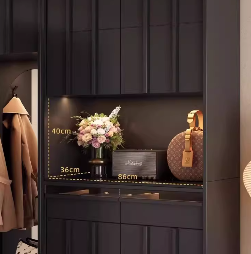  Wooden shoe cabinet for the entryway with mirror and bench 