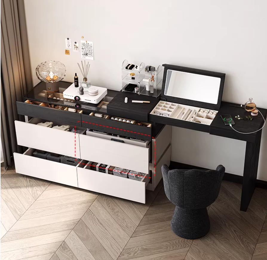  Decorative table with integrated cabinet and foldable mirror 