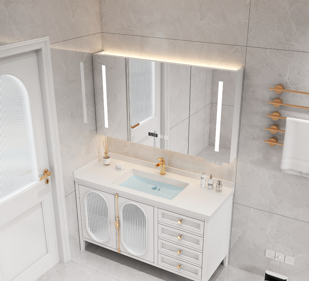  Wooden washbasin with smart mirror in cabinet 