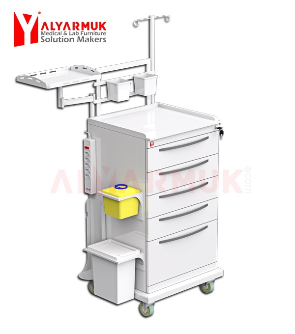 Mobile medical resuscitation cart with 4 drawers and shelves for medical equipment