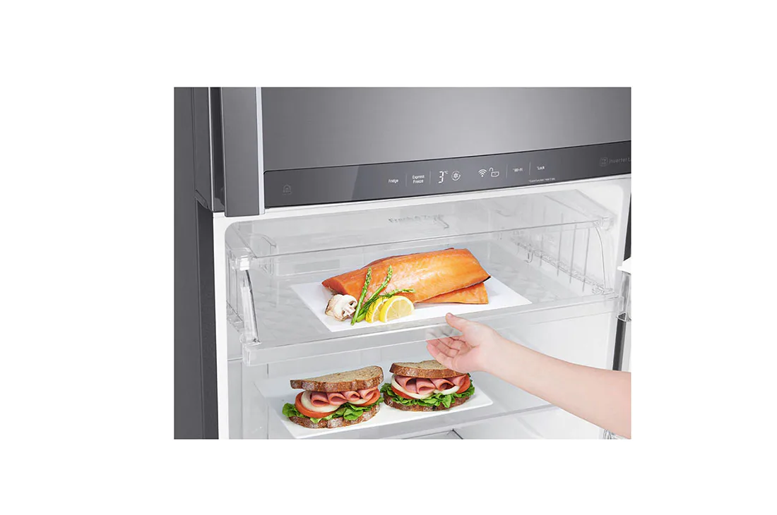 ثلاجة بفريزر علوي من ال جي 15.4 قدم لون فضي بلاتيني