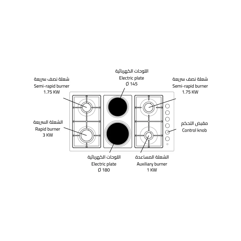 مسطح غاز مدمج (بلت ان) من جنرال سوبريم, 90 سم, 4 شعلات غاز & 2 حجر كهرباء, حديد زهر , أمان كامل, ايطالي
