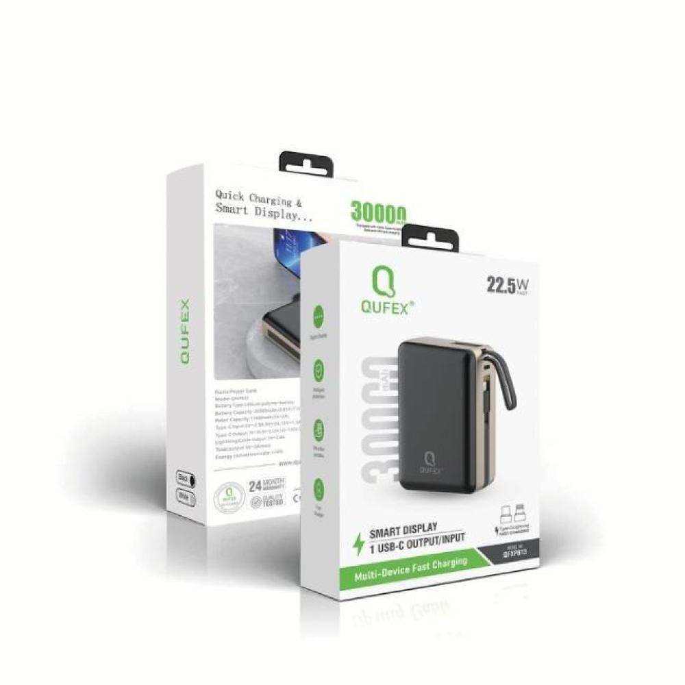 شاحن متنقل PD بسعة 30000mAh  مع كيبل تايب سي + كيبل آيفون مدمج - أسود