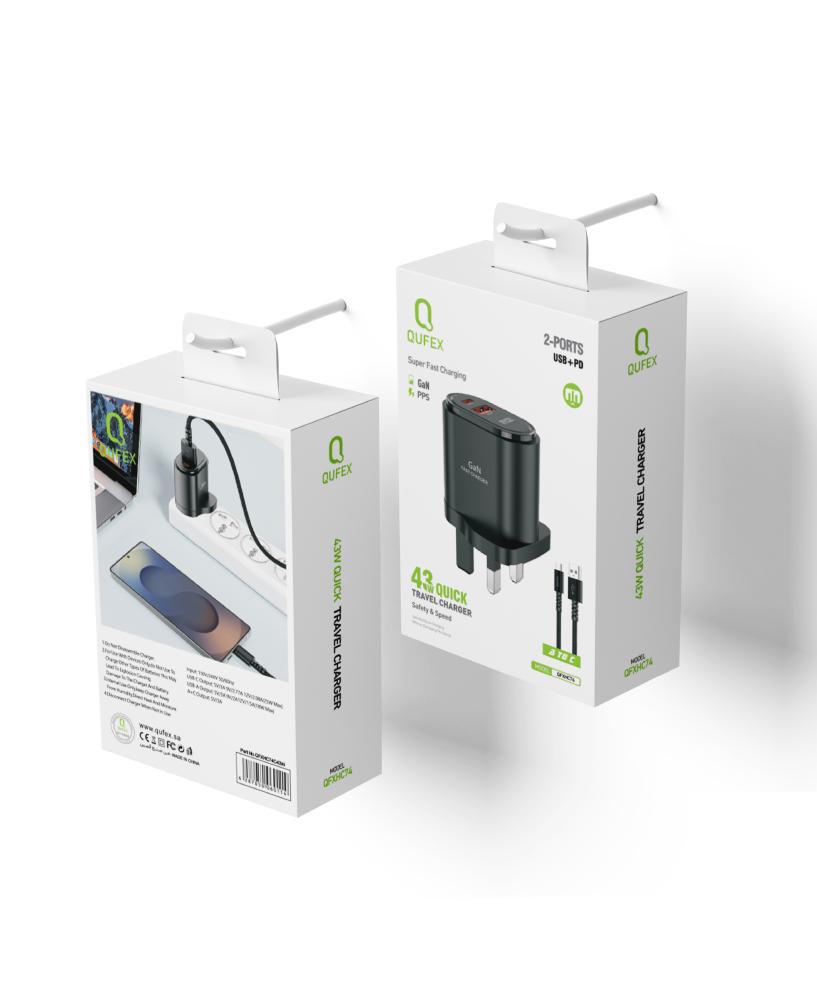 شاحن جداري بقوة 43W + كيبل شحن من USB الى تايب C | QUFEX - صورة 2