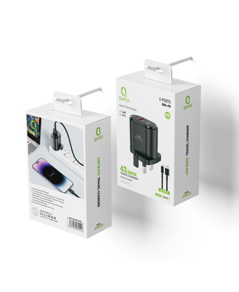شاحن جداري بقوة 43W + كيبل شحن من USB الى آيفون لايتنينق | QUFEX - صور