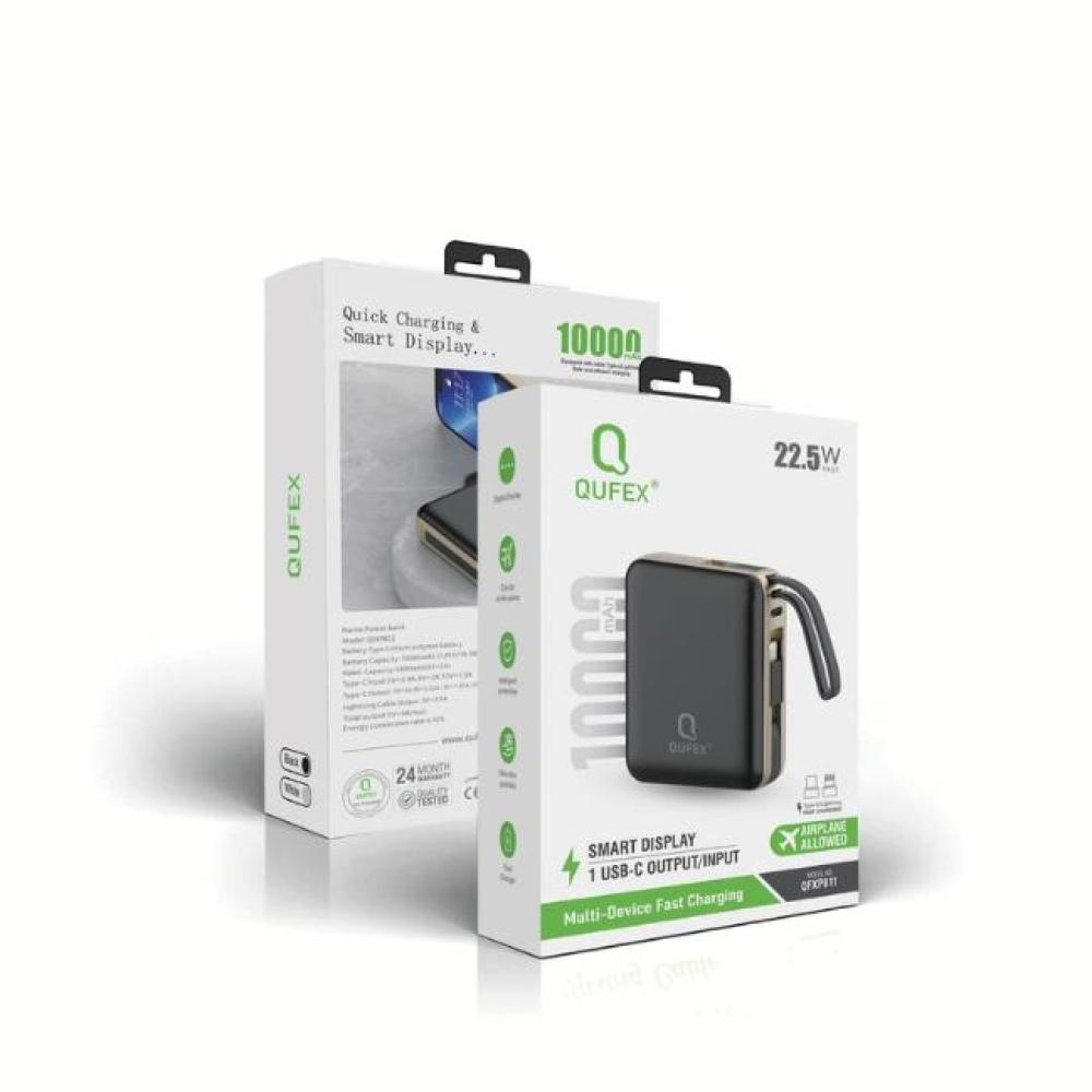 شاحن متنقل PD بسعة 10000mAh  مع كيبل تايب سي + كيبل آيفون مدمج - أسود