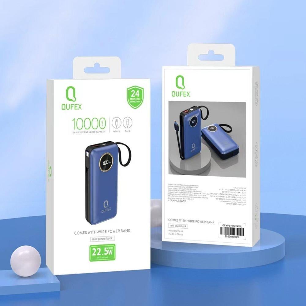 شاحن متنقل PD بسعة 10000mAh مع كيبل تايب سي + آيفون مدمج - لون أزرق |