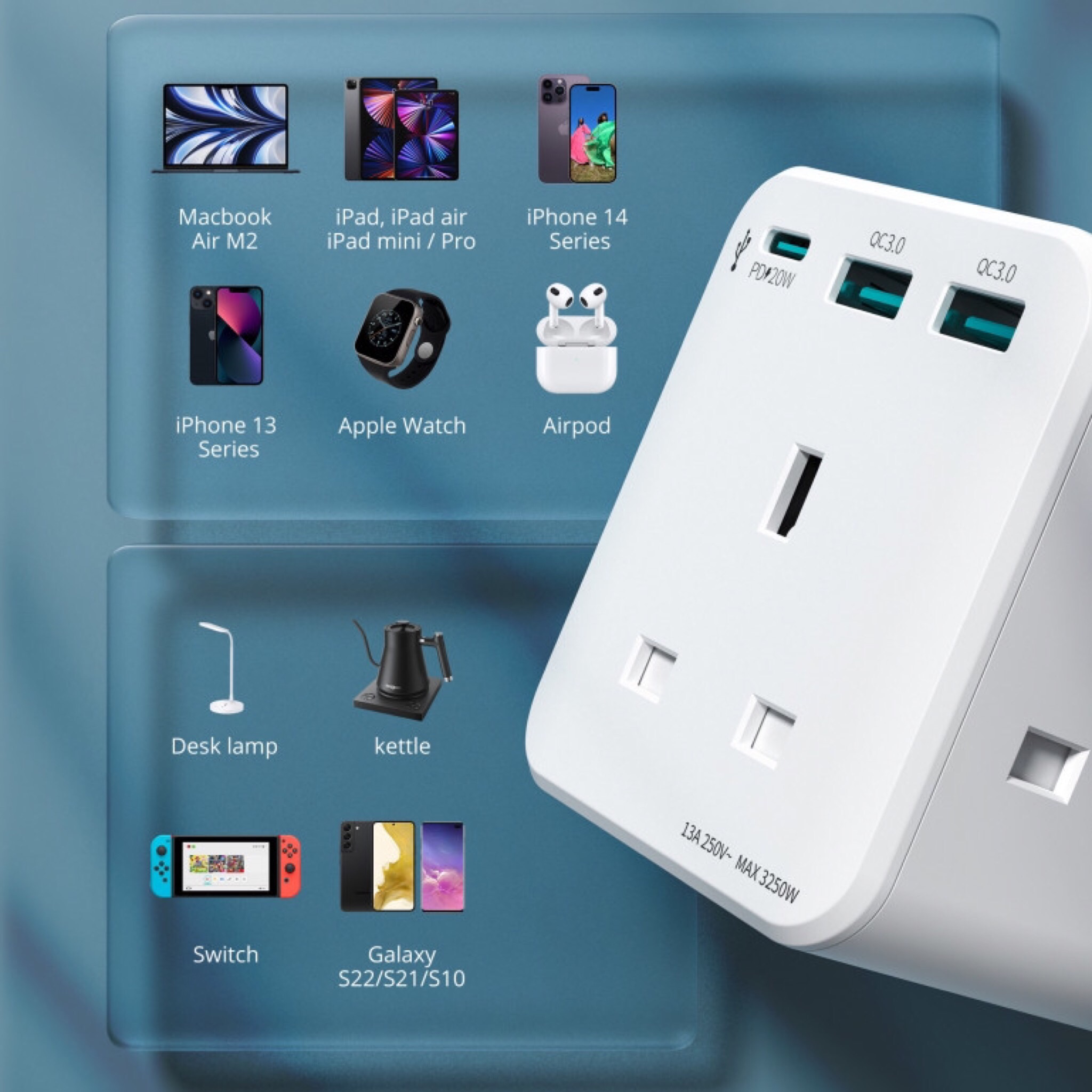 شاحن جداري راف باور بايونير 3 مداخل طاقه ثلاثيه مع منفذين USB ومنفذ تايب سي بتقنية PD بقوة 20 واط ميني