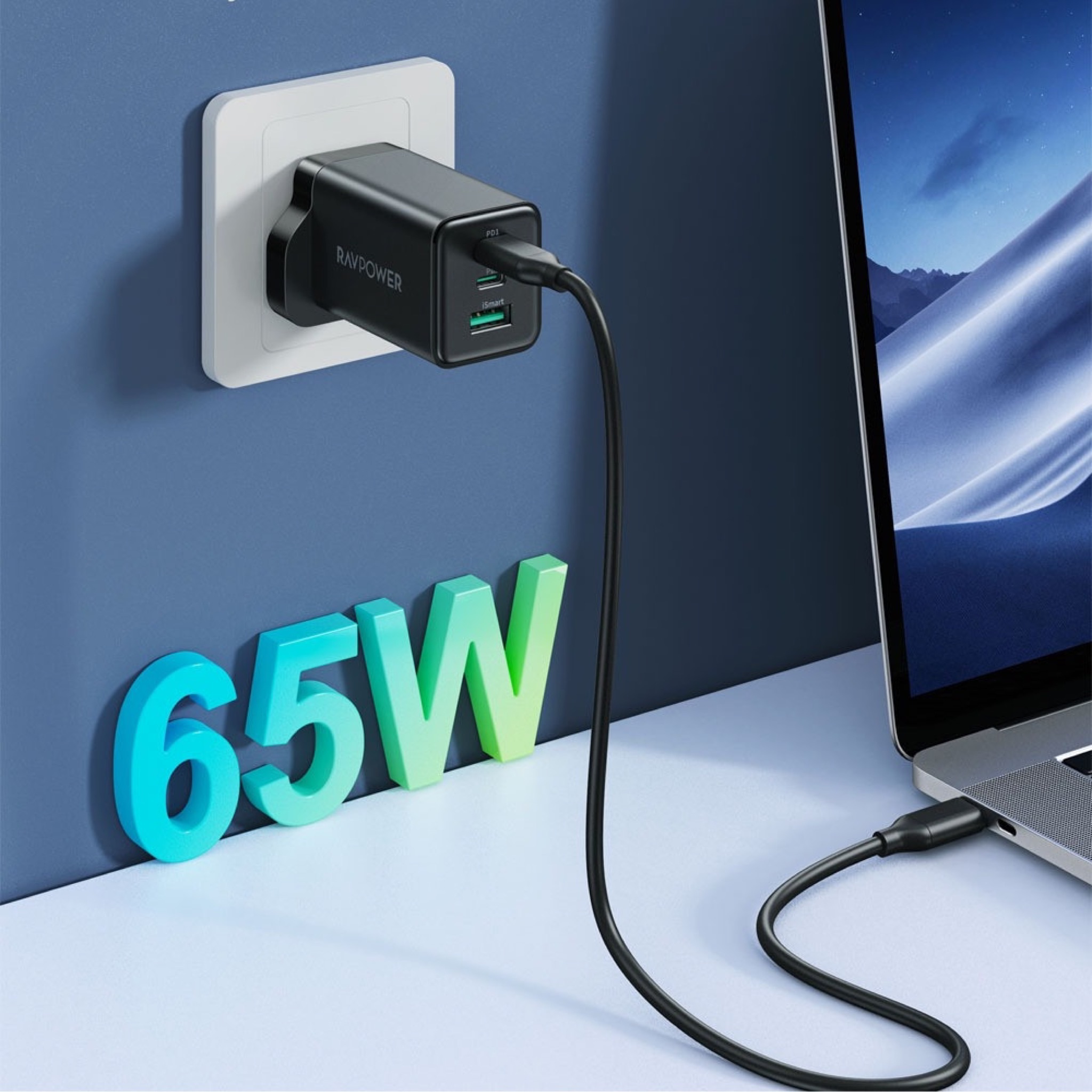 شاحن جداري راف باور بايونير 65 واط منفذين USB-C ومنفذ USB-A - اسود