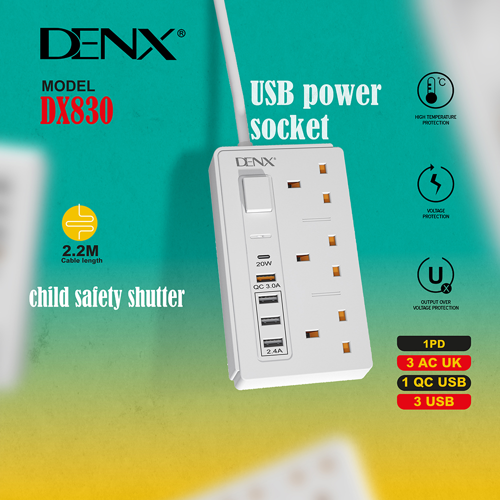 مقبس طاقة  (3 منافذ  + 3 منافذ USB-A + PD + QC) رقم المديل  DX830 -