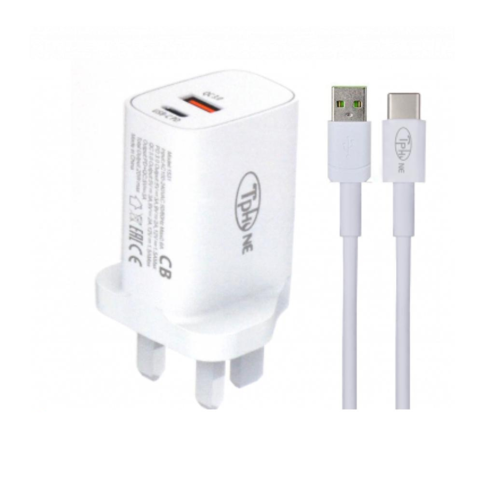 TPHONE شاحن جداري بمنفذين 20واط USB/PD مع كيبل تايب سي  1531 - أبيض 
