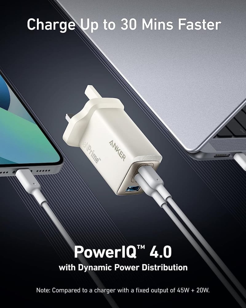 شاحن جداري انكر 735 جان برايم منفذين usb-c ابيض 65 واط ابيض