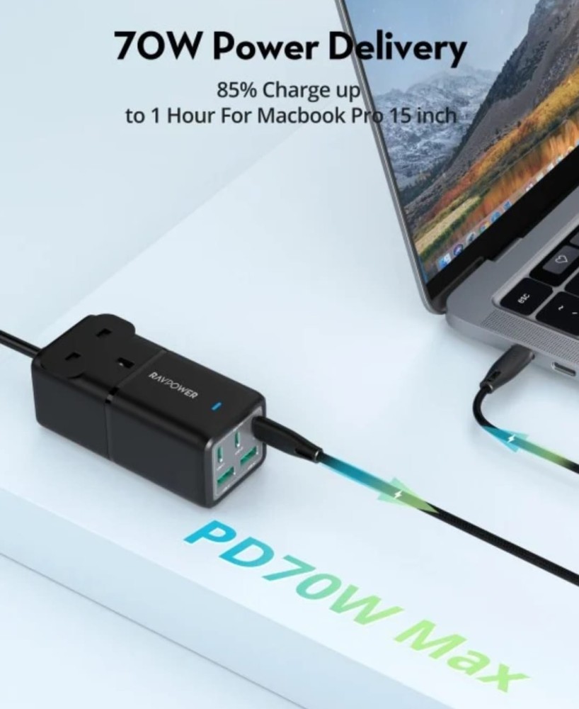 راف باور قاعدة شحن 3 منافذ Type-C ومنفذين USB ومنفذ طاقة بقوة 75 وات مع قابس سفر - أسود