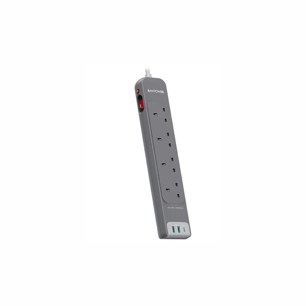 توصيلة راف باور 4 منافذ طاقة ومنفذين USB-A ومنفذ USB-C بطول 3 متر - رمادي