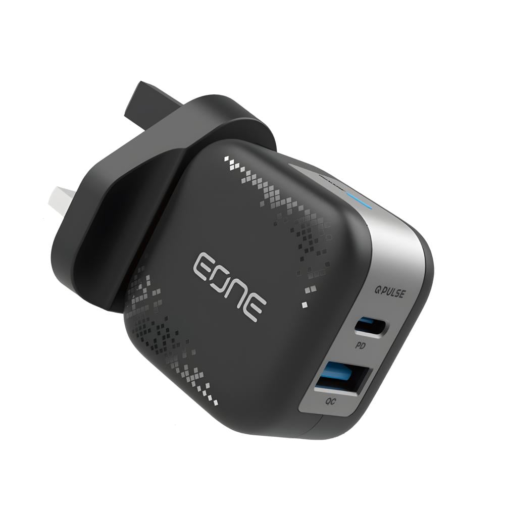 Eone شاحن جداري بمنفذين بقوة إجمالي 48W يدعم تقنية الشحن سريع PD - أسود 