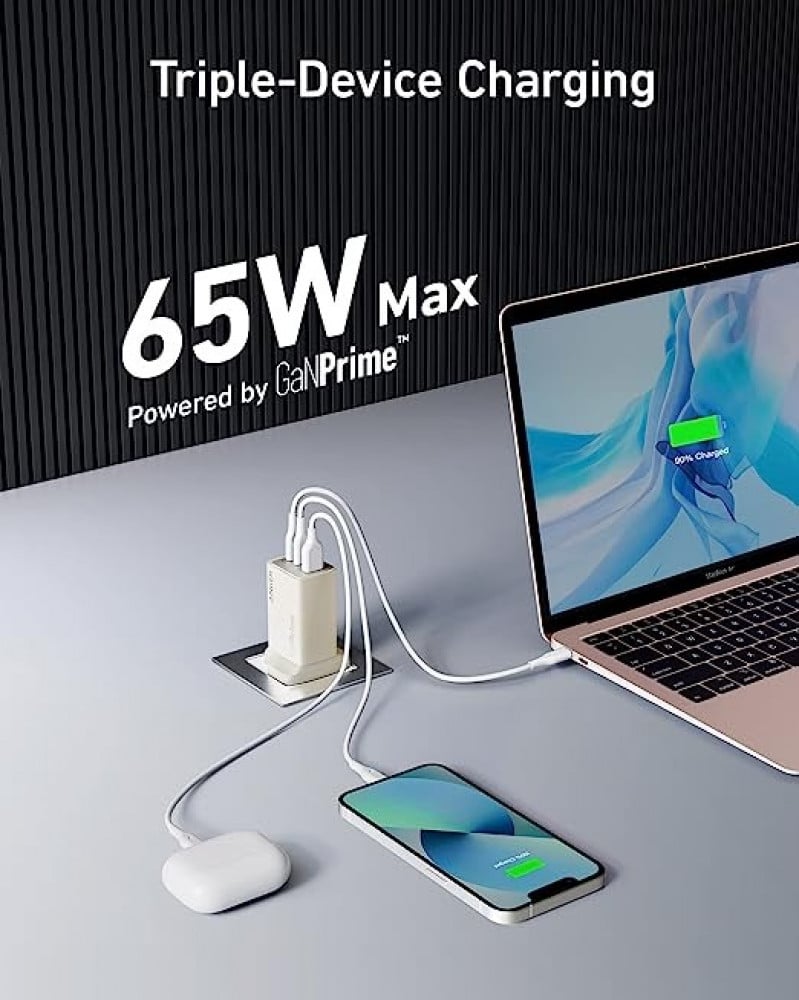 شاحن جداري انكر 735 جان برايم منفذين usb-c ابيض 65 واط ابيض