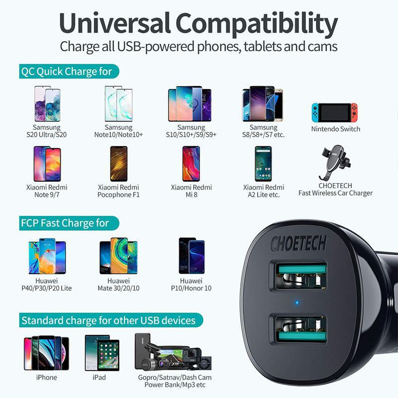 شاحن سيارة تشويتيك بمنفذين USB وبقوة 30 واط - اسود