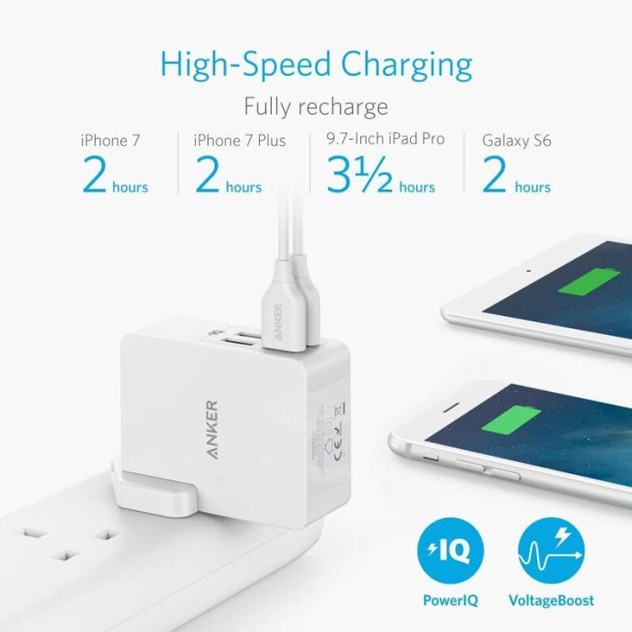 شاحن جداري انكر باوربورت 27 واط مع 4 منافذ USB للشحن - ابيض
