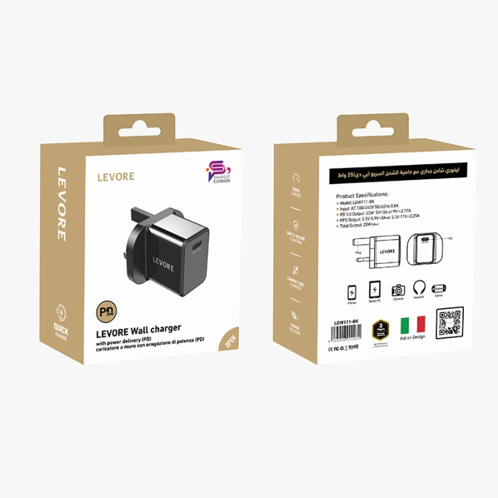 ليفوري شاحن جداري 25 واط USB-C PD - أسود