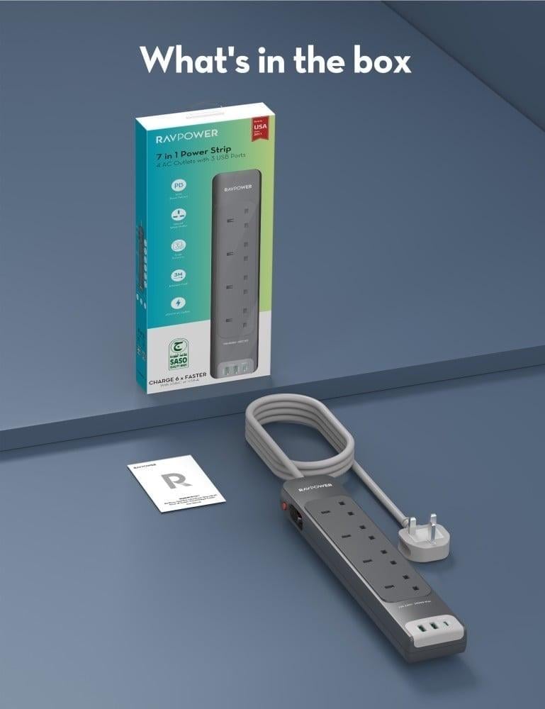 توصيلة راف باور 4 منافذ طاقة ومنفذين USB-A ومنفذ USB-C بطول 3 متر - رمادي