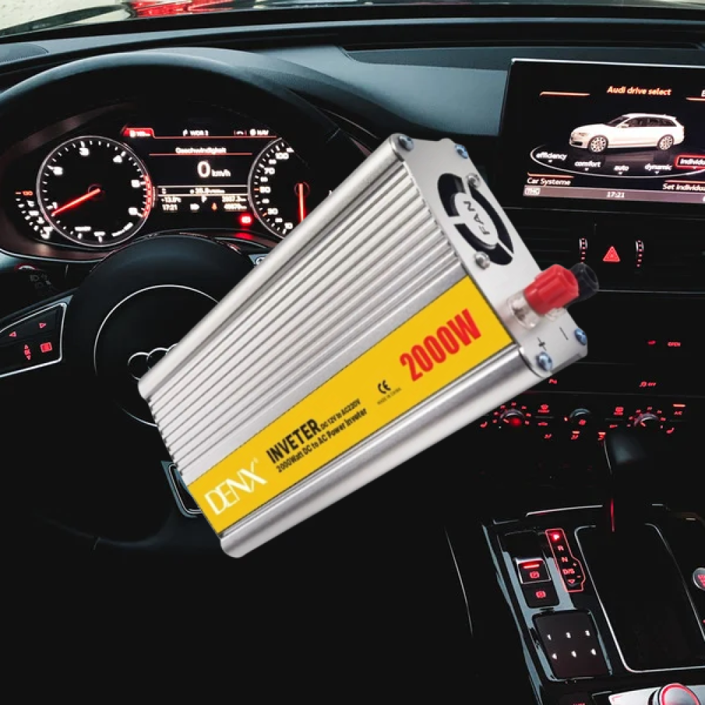 محول طاقة DENX DX129 للسيارات بقوة 2000 واط لتحويل التيار من 12 فولت إلى 220 فولت مع منفذ USB وشاحن سريع