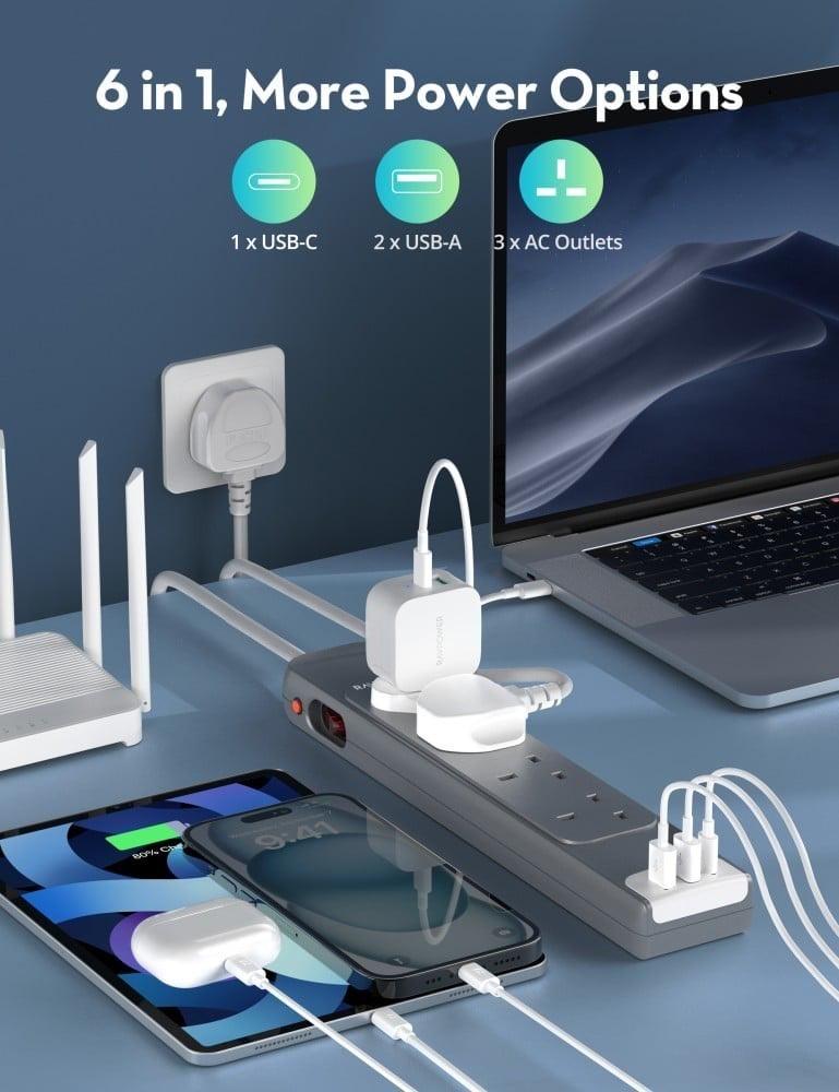 توصيلة راف باور 4 منافذ طاقة ومنفذين USB-A ومنفذ USB-C بطول 3 متر - رمادي