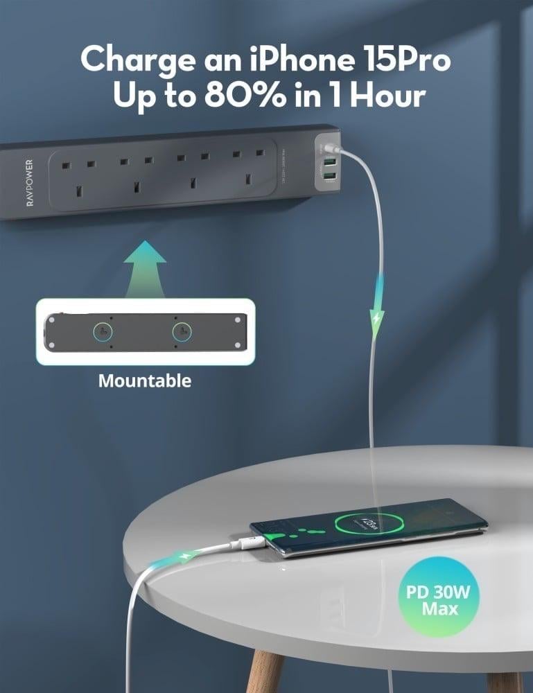 توصيلة راف باور 4 منافذ طاقة ومنفذين USB-A ومنفذ USB-C بطول 3 متر - رمادي