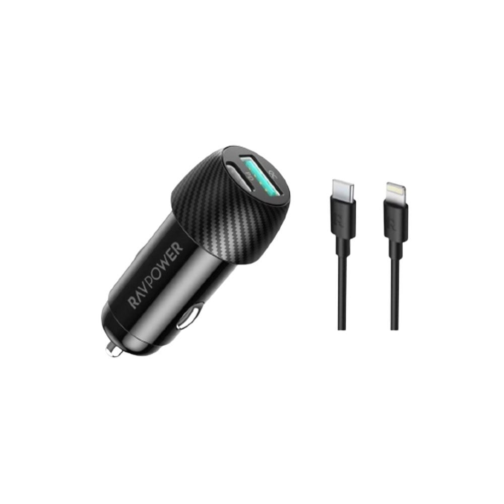 راف باور - كومبو شاحن سيارة بتقنيه بي دي 49 واط ومنفذ USB-A + كيبل بي دي 25 واط ايفون | شواحن