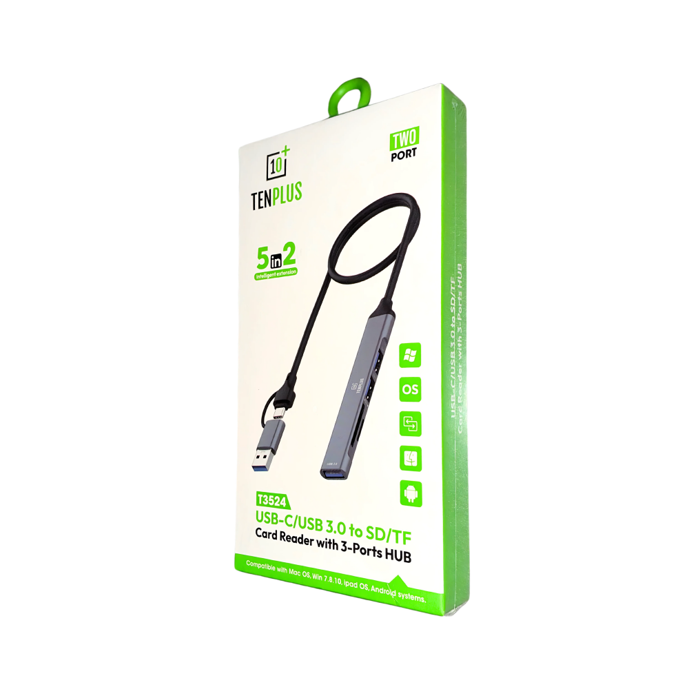 تن بلس موزع 2 في 5 USB C/ USB 3.0 إلى SD/TF قارئ بطاقة مع 3 منافذ HUB - فضي
