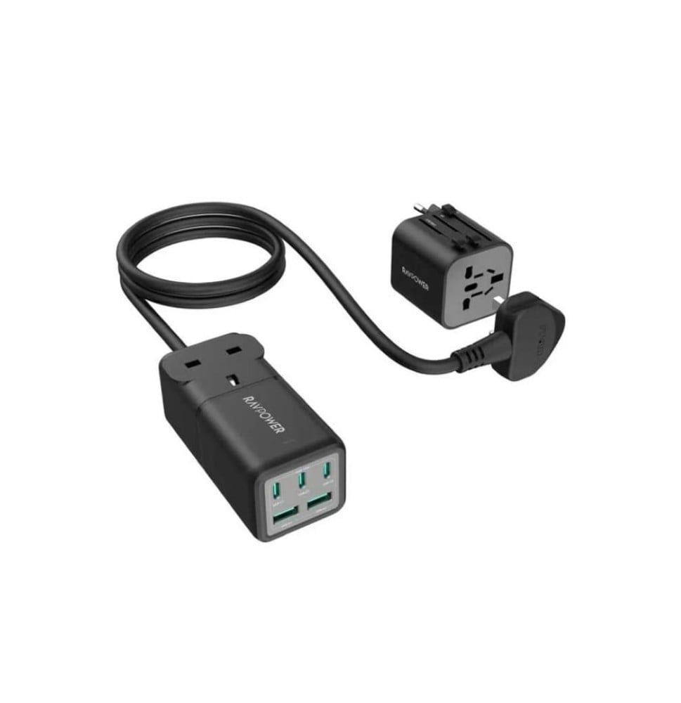 راف باور قاعدة شحن 3 منافذ Type-C ومنفذين USB ومنفذ طاقة بقوة 75 وات مع قابس سفر - أسود