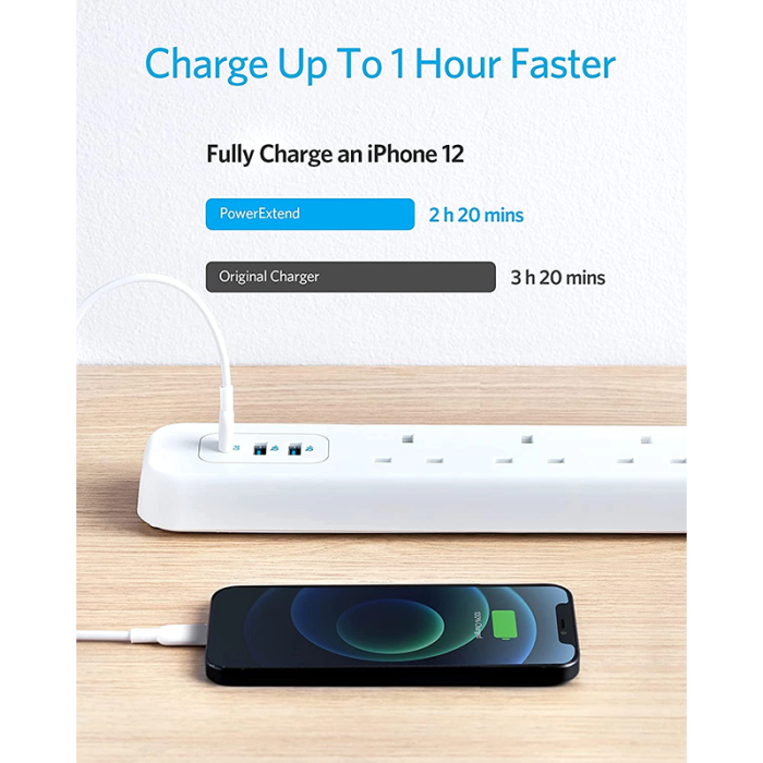 انكر باور اكستند توصيلة بـ 3 مخارج كهرباء ومخرجين USB ومخرج PD وبقوة 30 واط - ابيض