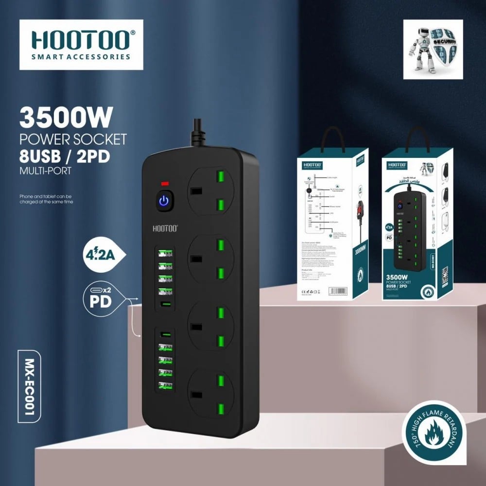 توصيلة كهرباء هوتو 4 افياش و 8منافذ usb ومنفذين PD شحن سريع بطول 3 متر HooToo اسود