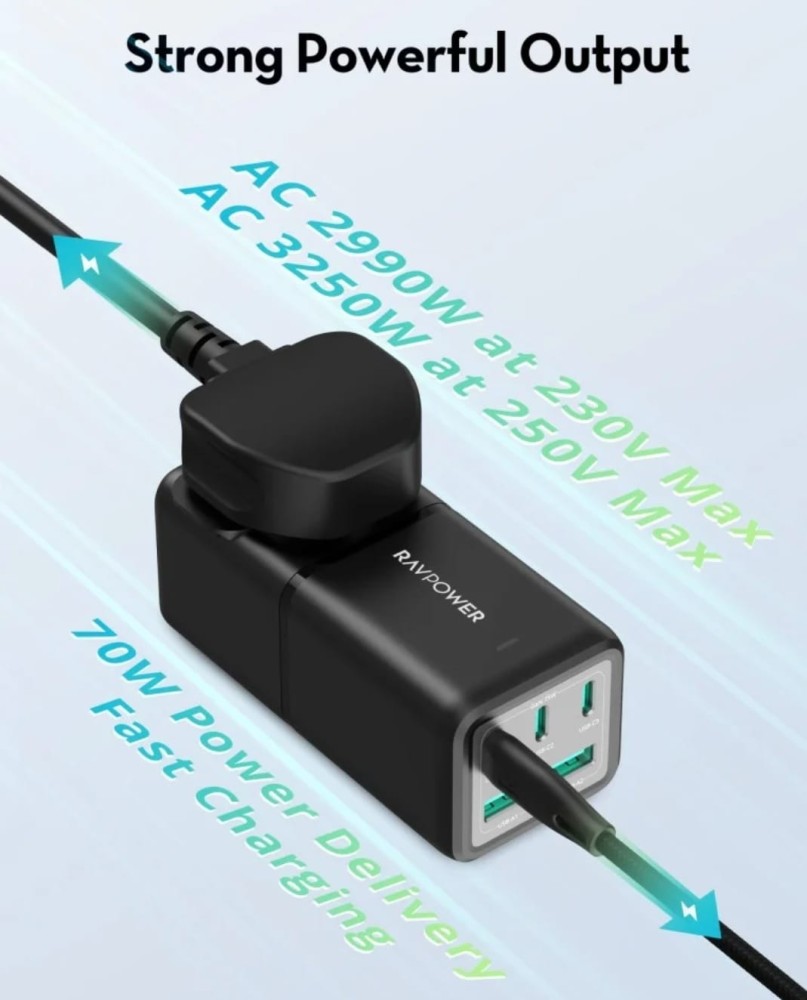 راف باور قاعدة شحن 3 منافذ Type-C ومنفذين USB ومنفذ طاقة بقوة 75 وات مع قابس سفر - أسود