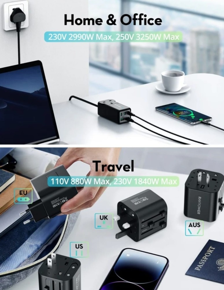 راف باور قاعدة شحن 3 منافذ Type-C ومنفذين USB ومنفذ طاقة بقوة 75 وات مع قابس سفر - أسود