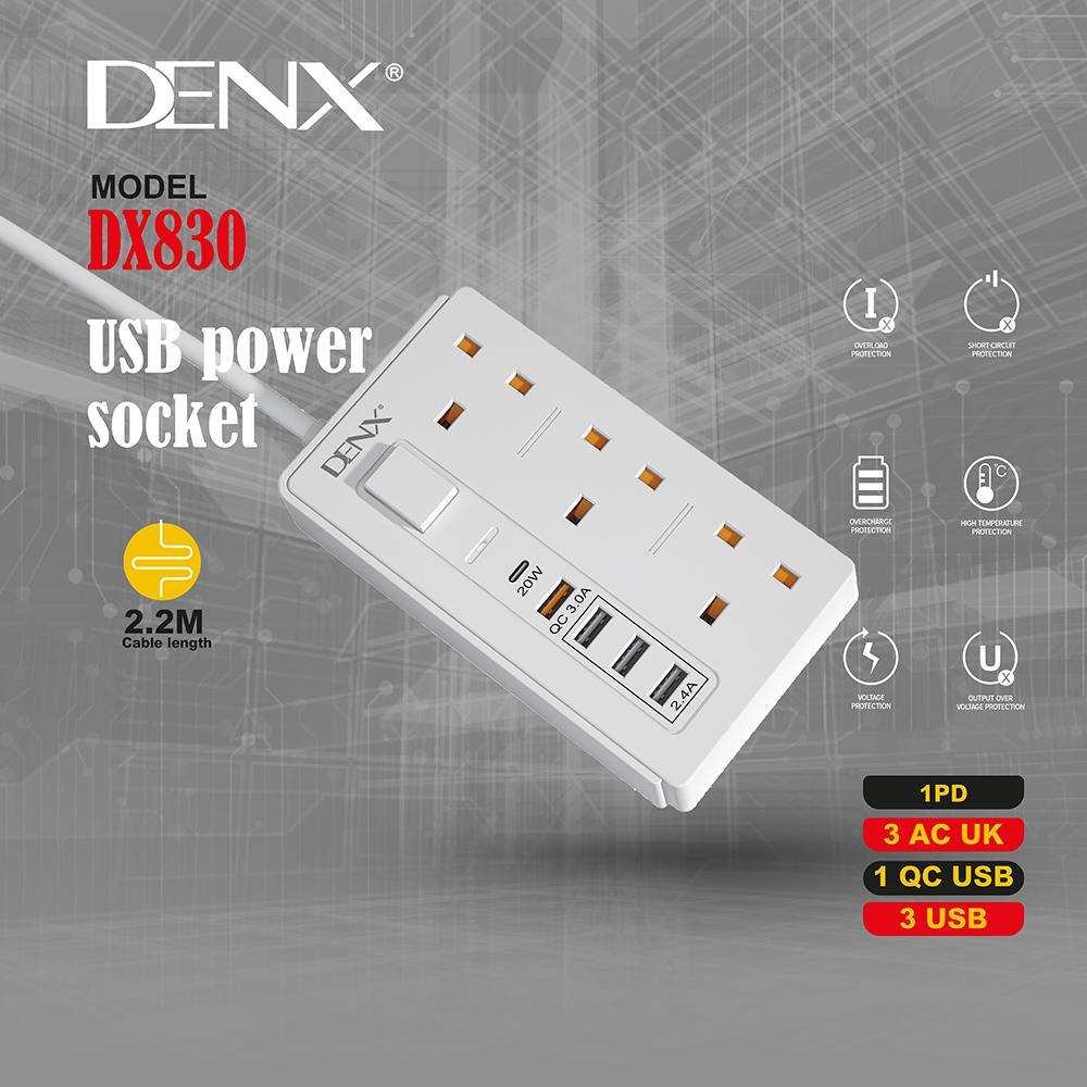 مقبس طاقة  (3 منافذ  + 3 منافذ USB-A + PD + QC) رقم المديل  DX830 -