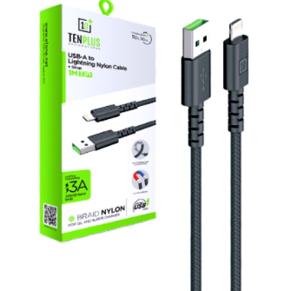تن بلس كيبل شحن من USB-A إلي لايتيننق حزام نايلون مضفر بطول 1 متر بقوة 3A - أسود 