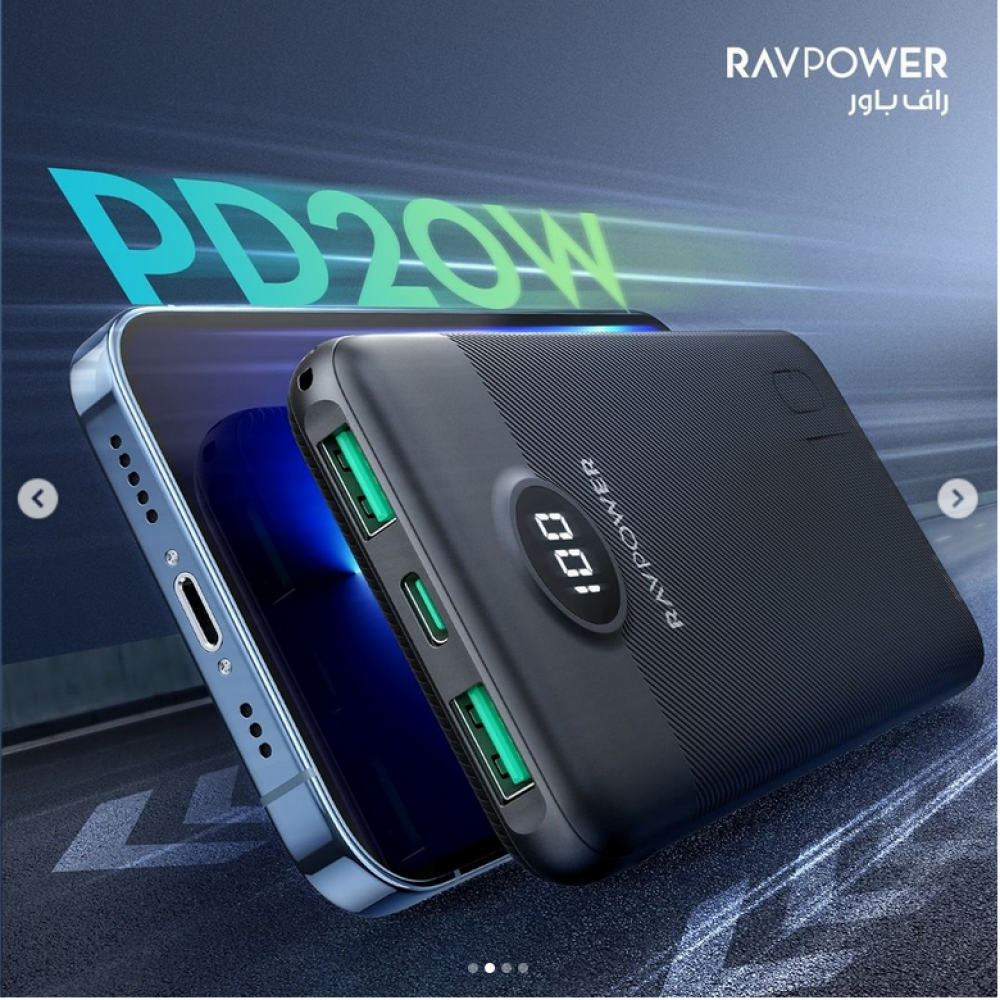 راف باور باور بنك RP-PB1204 بايونير 3 منافذ - 10000 مللي امبير 20 واط - أسود
