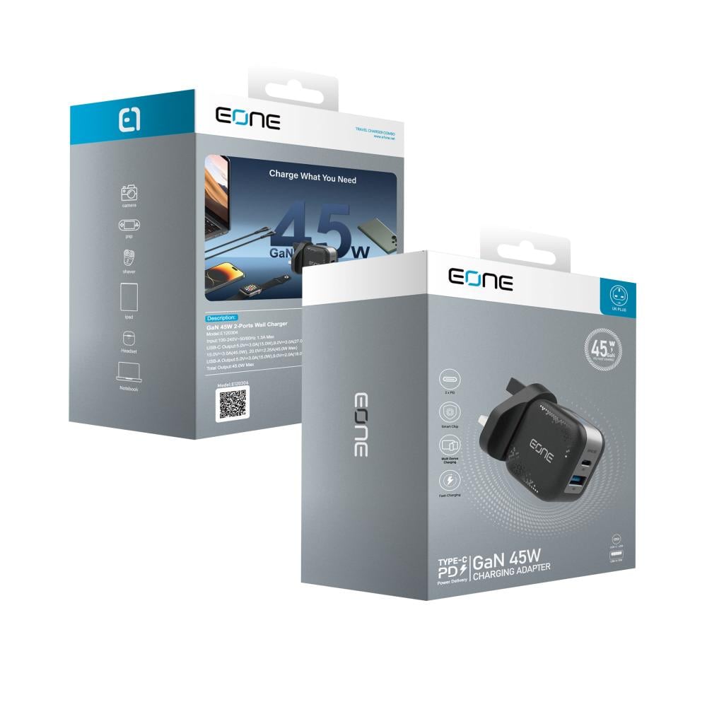 Eone شاحن جداري بمنفذين بقوة إجمالي 48W يدعم تقنية الشحن سريع PD - أسود 