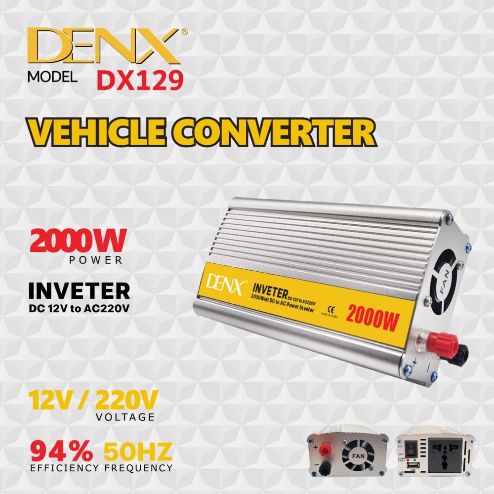 محول طاقة DENX DX129 للسيارات بقوة 2000 واط لتحويل التيار من 12 فولت إلى 220 فولت مع منفذ USB وشاحن سريع