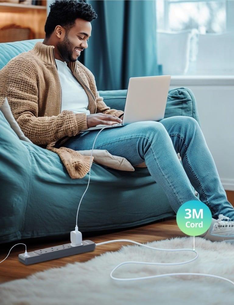 توصيلة راف باور 4 منافذ طاقة ومنفذين USB-A ومنفذ USB-C بطول 3 متر - رمادي